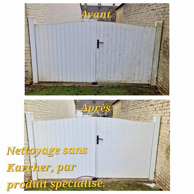 photo nettoyage avant après d'un portail sans karcher mais avec produit spécial